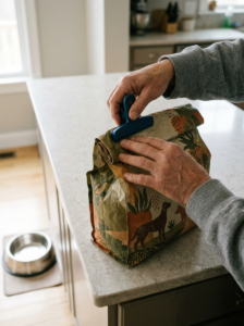 Pet owner securely folding and clipping a dry dog food bag.
