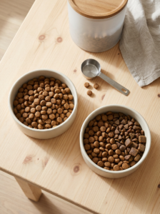 Measuring cup of dog kibble beside a clean feeding bowl.
