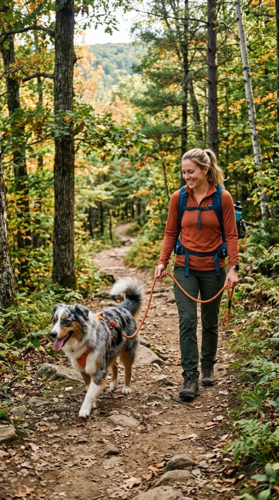 Adult Australian Shepherd hiking on a forest trail with its owner
