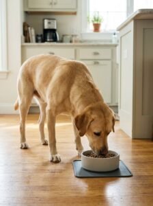 Young puppy eating puppy food from a shallow bowl.