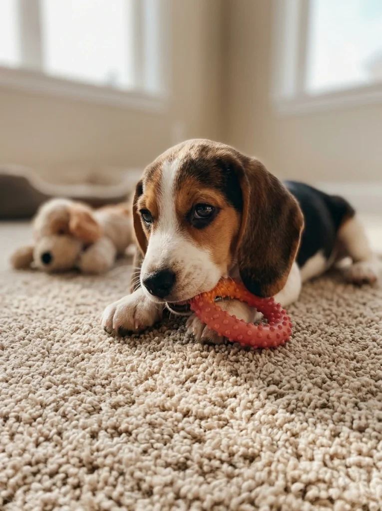 Beagle puppy chewing a rubber teething toy on a rug