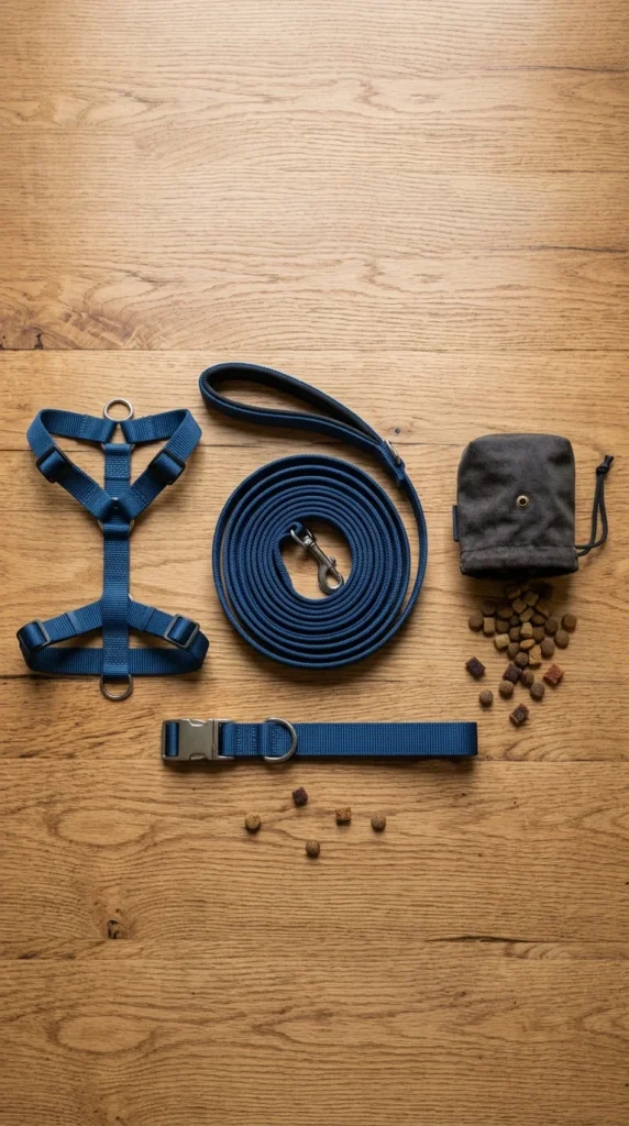 Leash, collar, front-clip harness, and treat pouch laid out for leash training