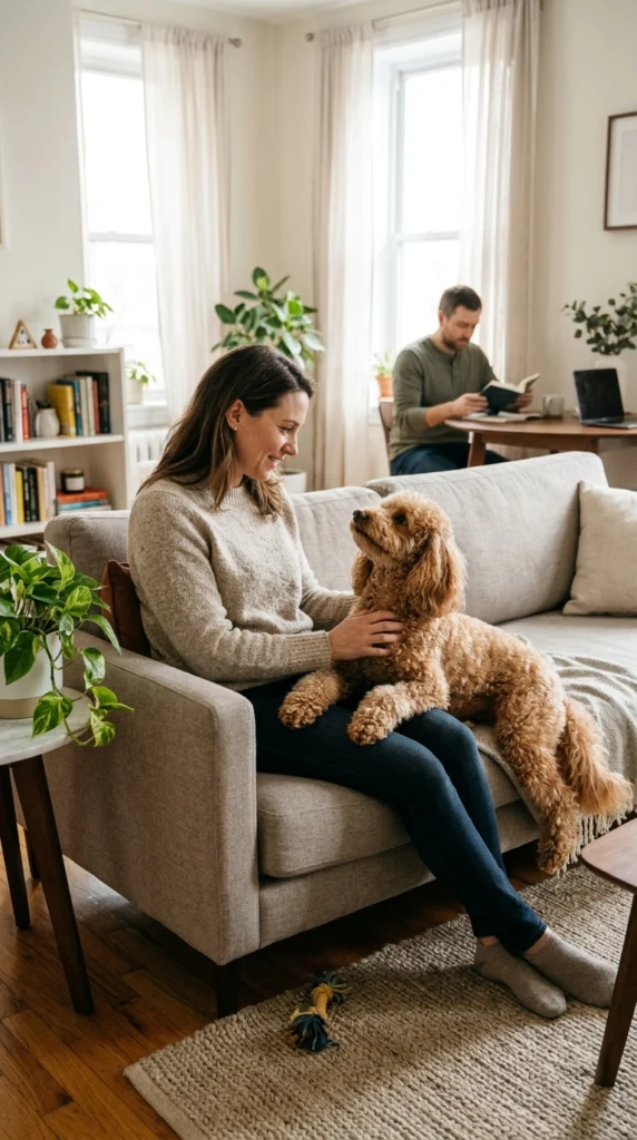 A healthy family dog relaxing comfortably near an adult and family members in a realistic