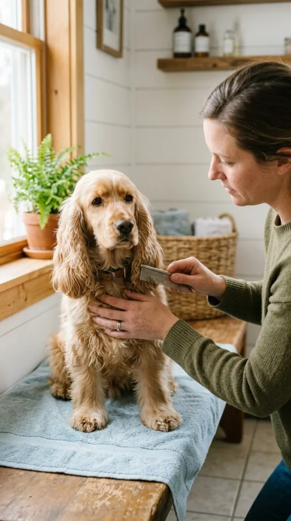 Owner using a flea comb to check a Cocker Spaniel for parasites