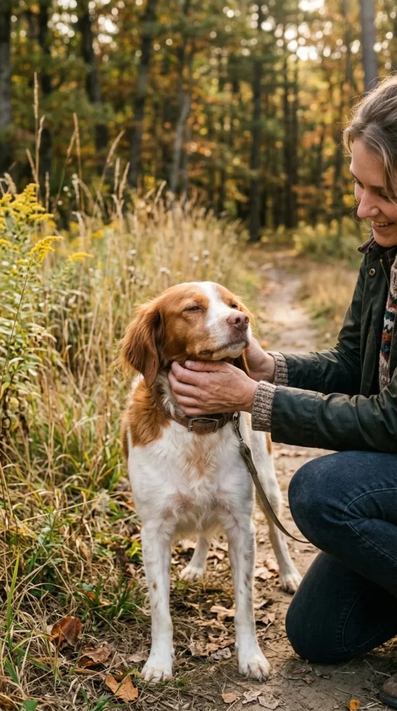Owner checking a Brittany Spaniel's fur for ticks after a trail walk