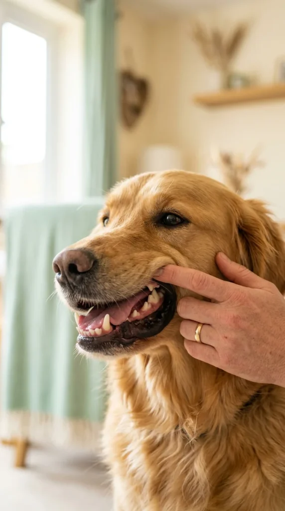 Owner gently checking a dog's gums and teeth at home