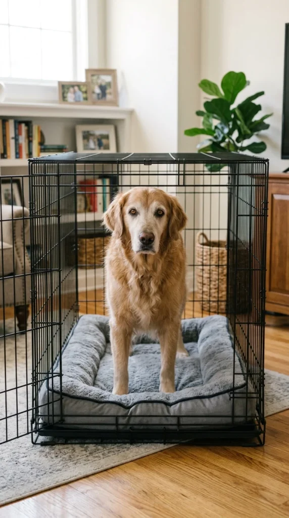 Comfortable crate with a cushioned bed set up for a senior dog