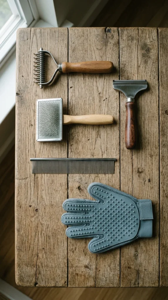 Undercoat rake, slicker brush, shedding tool, comb, and grooming mitt