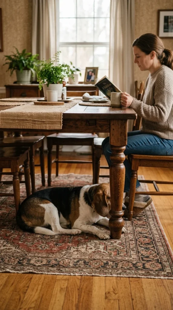 Beagle lying under a table, withdrawn, which can be a sign of pain