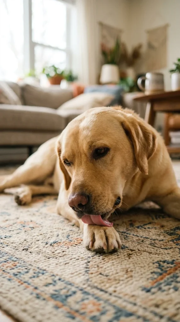 Labrador retriever licking its front paw on a living room rug