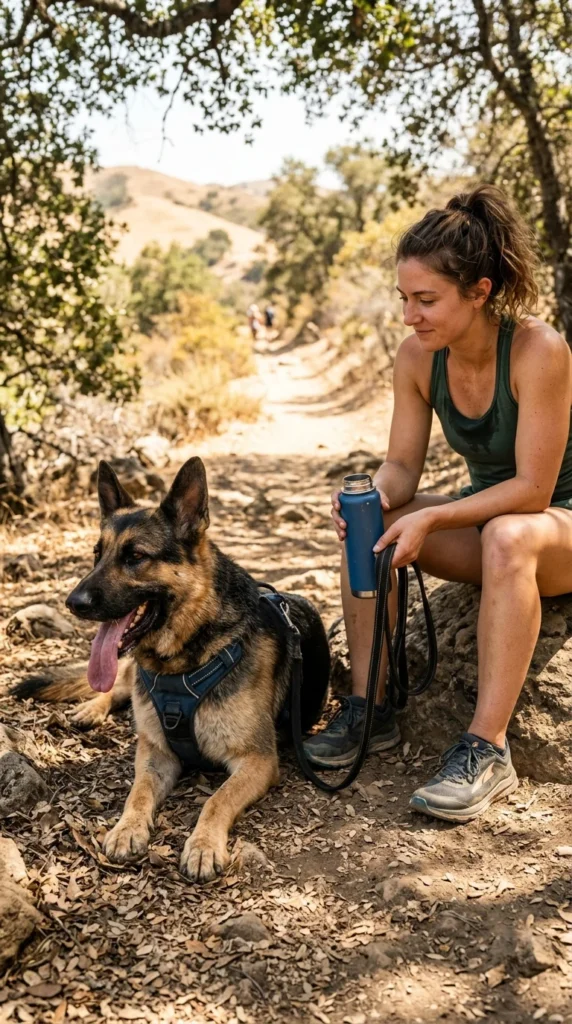 Dog panting in the shade after exercise on a hot day