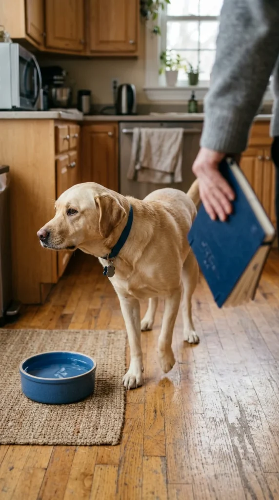 Labrador turning away from a full bowl in a kitchen
