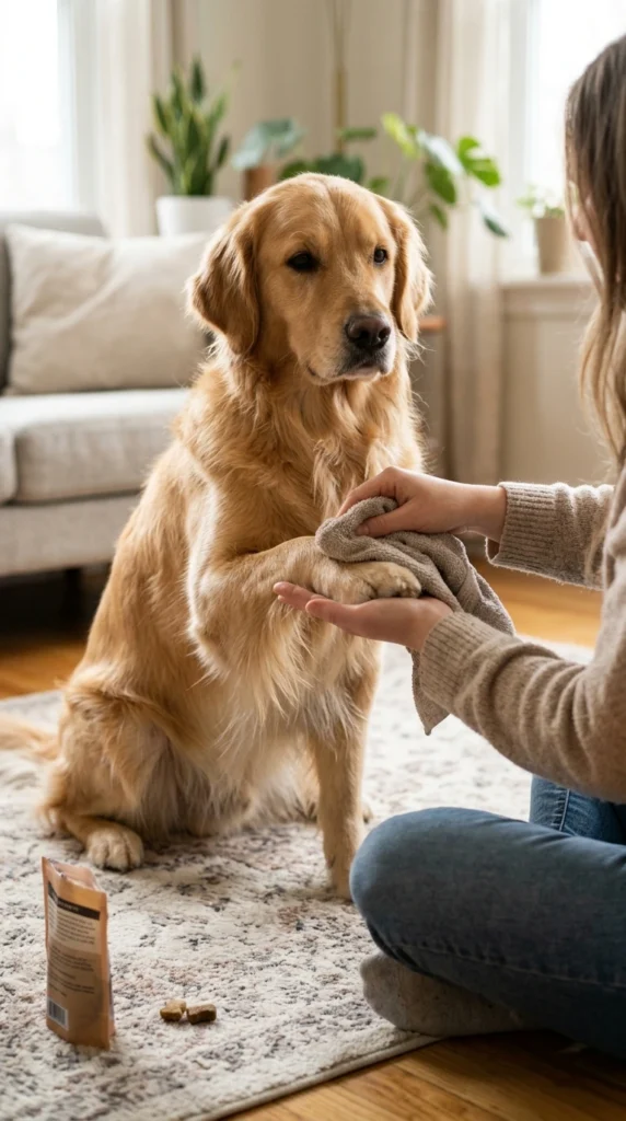 Labrador Retriever calmly turning away from a towel while its owner pauses during paw cleaning near the front door.