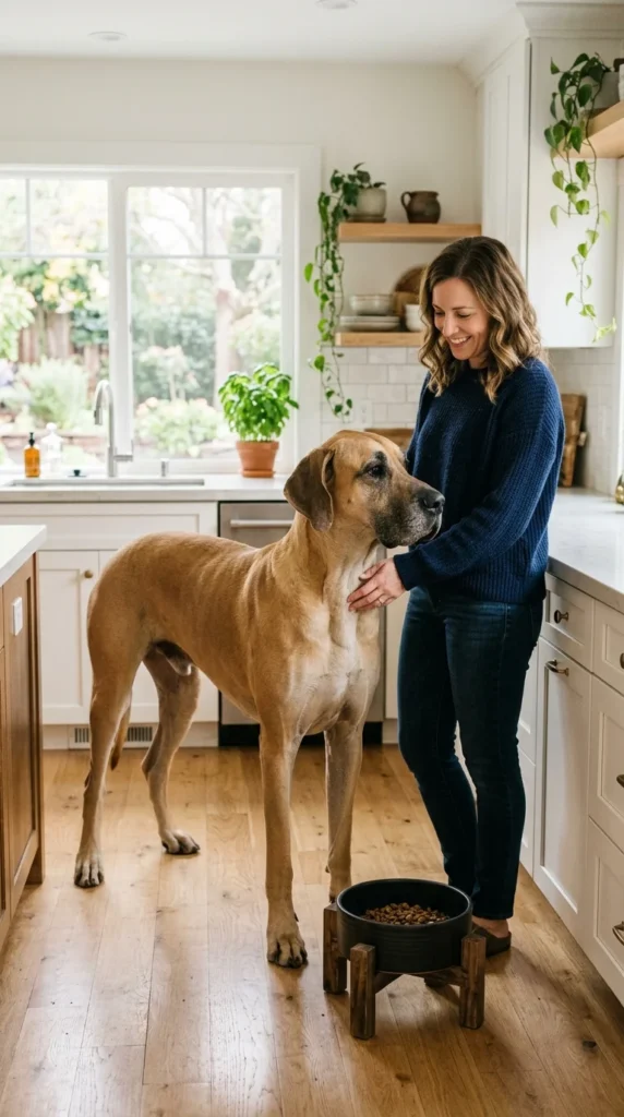 Great Dane standing beside its food bowl, a deep-chested breed at higher risk of bloat
