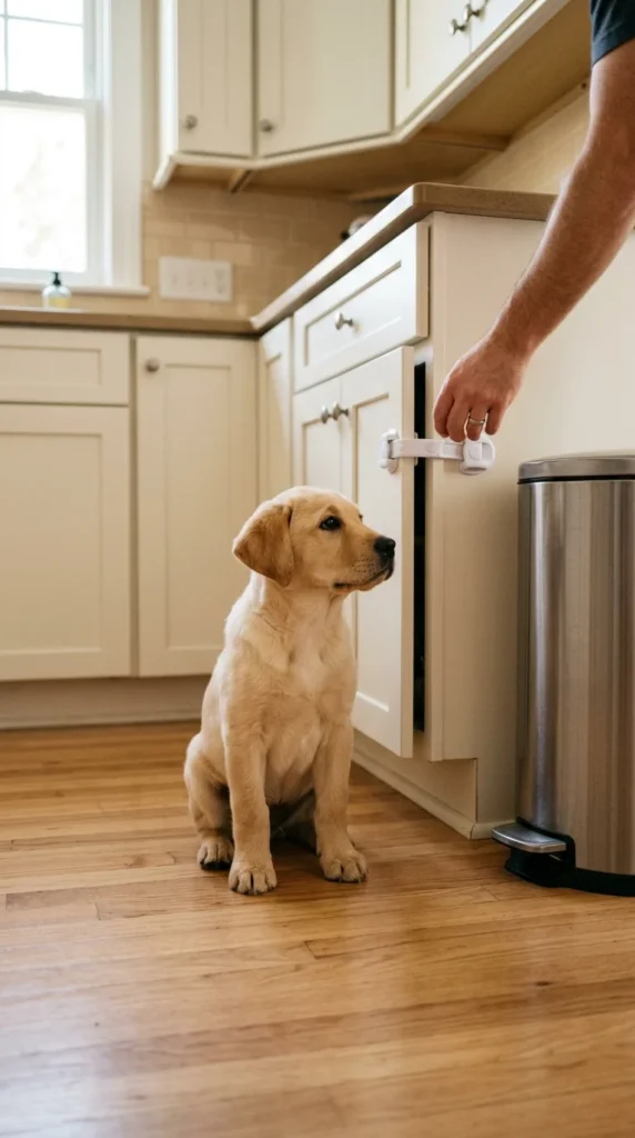 Kitchen cabinet with a safety latch while a puppy watches