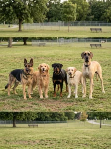 Golden Retriever, Labrador, German Shepherd, Rottweiler, and Great Dane together