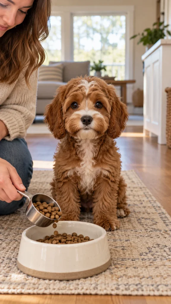 Owner measuring a portion of puppy food while a puppy sits nearby