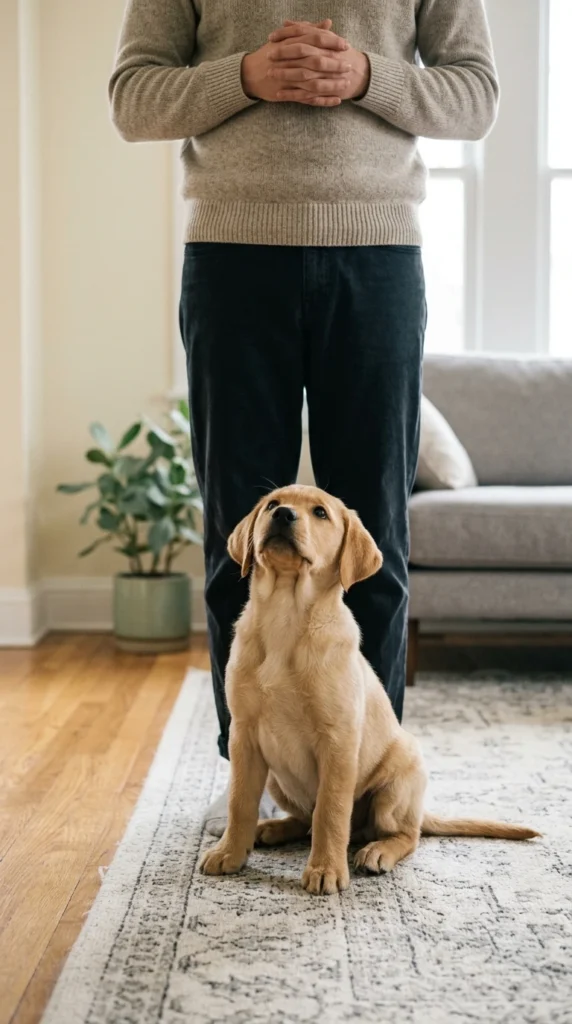 Owner calmly pausing play while a Labrador puppy looks up