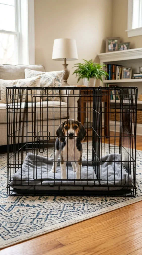 Properly sized wire crate with a divider and a puppy standing inside