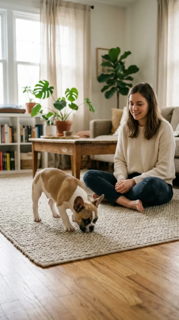 French Bulldog puppy exploring a living room while its owner sits nearby