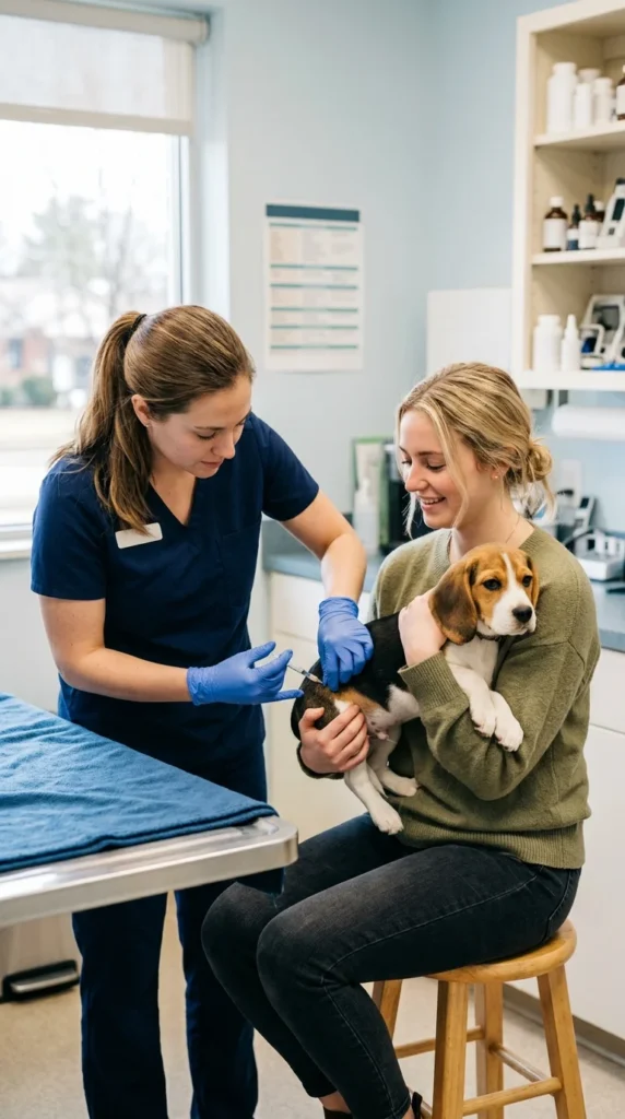 Veterinary technician giving a puppy a vaccine while the owner holds the puppy