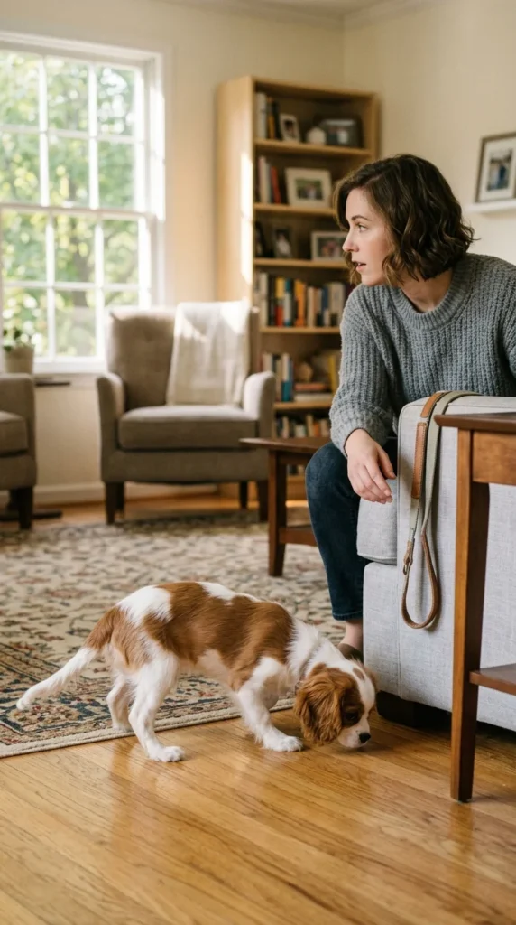 Spaniel puppy sniffing and circling, a sign it needs to go outside