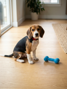 Young puppy beside a chew toy during the teething stage
