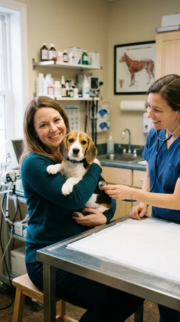 Beagle puppy at a routine veterinary vaccine appointment