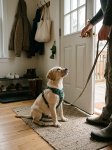 Owner rewarding a puppy with a training treat outdoors
