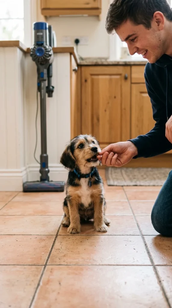 Owner rewarding a puppy with a treat while introducing household objects