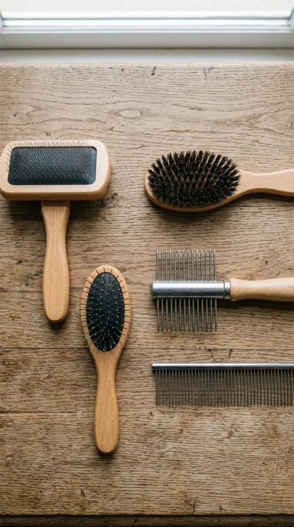Slicker brush, pin brush, bristle brush, undercoat rake, and comb laid out