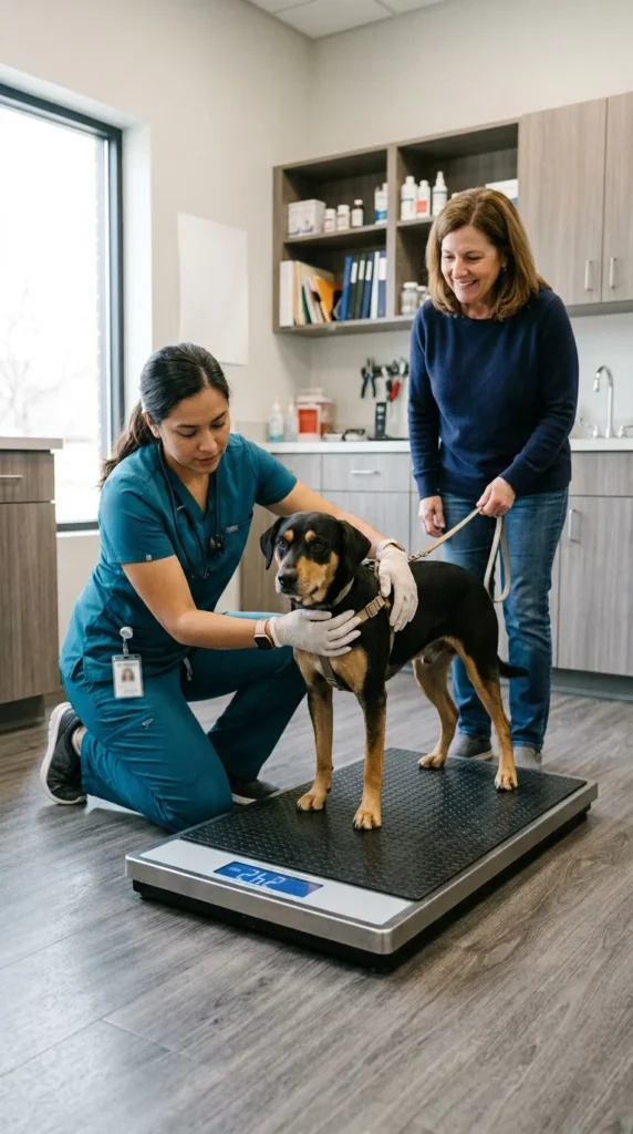 Veterinarian weighing a dog on a clinic scale while the owner watches