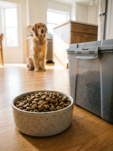 Fresh dry dog food in a clean bowl before mealtime.