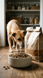 Fresh dry dog kibble in a clean bowl beside a properly sealed bag of dog food.