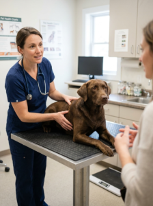 Veterinarian checking a dog's body condition during a routine visit.