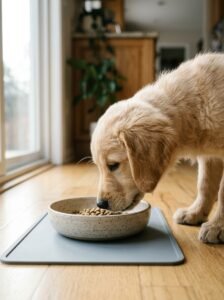 Young puppy eating a measured meal from a food bowl