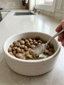 Softened kibble being checked with a spoon before serving.
