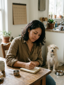 Dog owner recording meal portions and digestive changes during a food transition