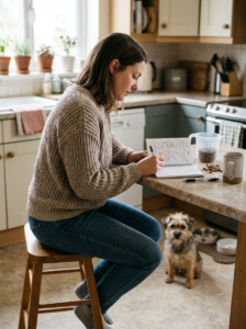 Dog owner observing a dog after mealtime during a food transition.