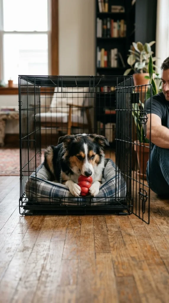 Adult dog chewing a stuffed toy in an open crate while the owner sits nearby