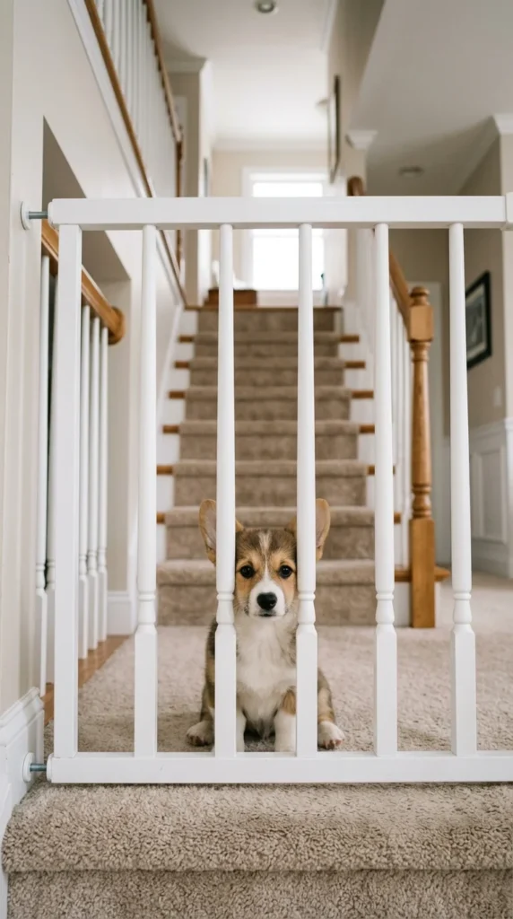 Baby gate blocking a staircase with a puppy sitting behind it
