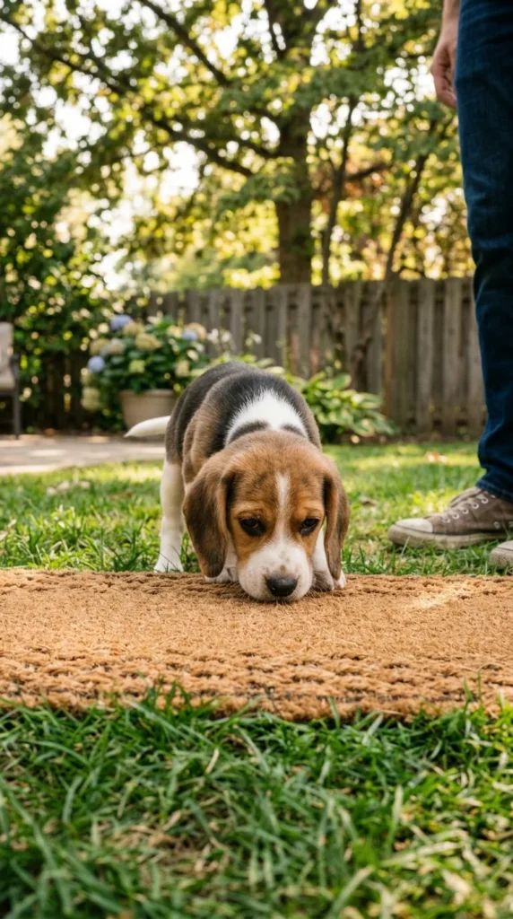 Relaxed puppy exploring a new surface at its own pace