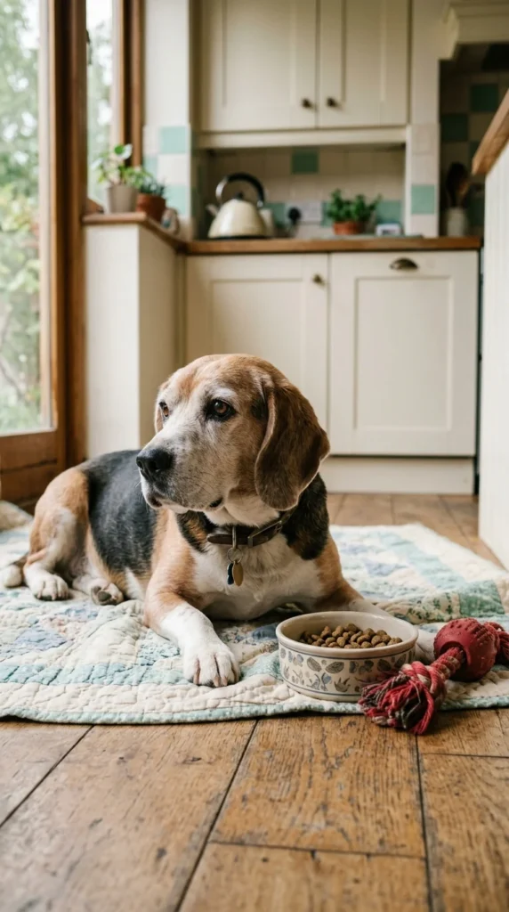Senior beagle hesitating beside a food bowl