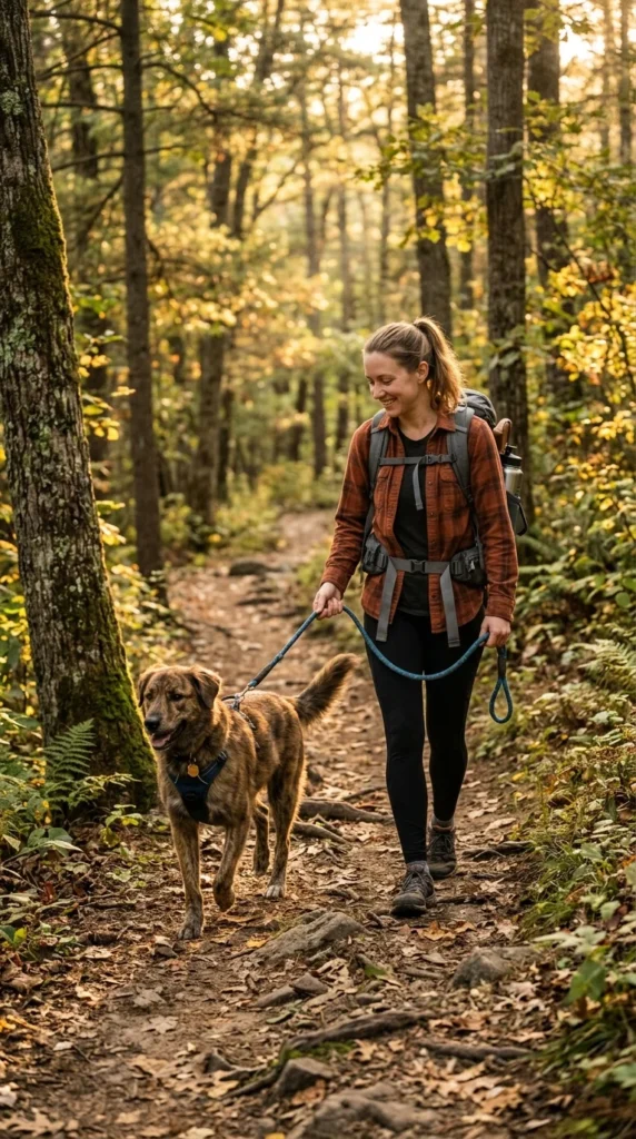Dog and owner hiking on a wooded trail