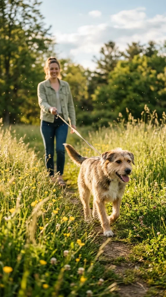 Dog walking through flowering grass in a park during pollen season
