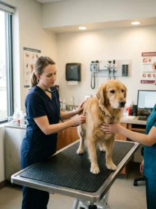 Veterinarian examining a Golden Retriever during a wellness visit