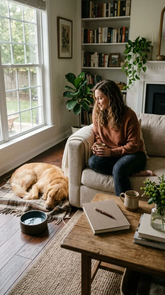 Owner monitoring a resting Golden Retriever with fresh water nearby