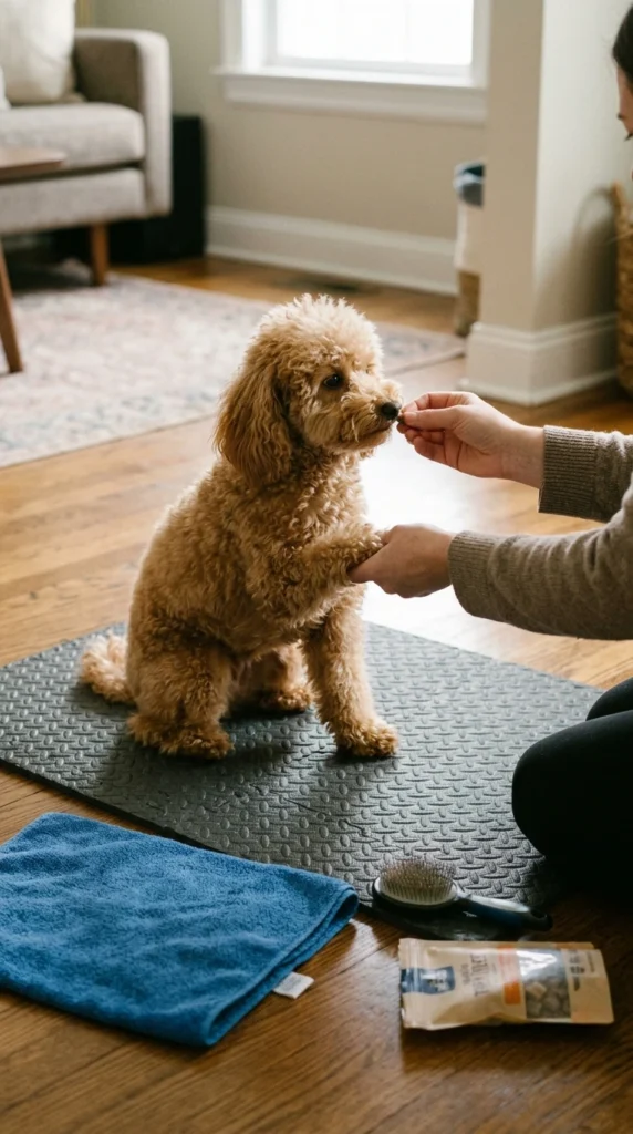 Golden Retriever voluntarily offering one paw for gentle towel cleaning with a reward nearby.