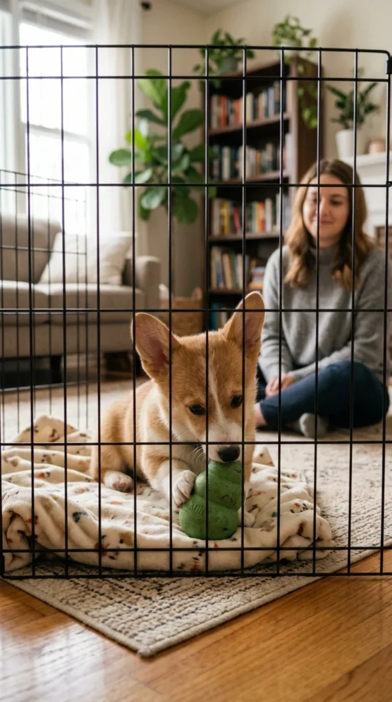 Puppy chewing a stuffed toy inside a closed crate while its owner sits nearby