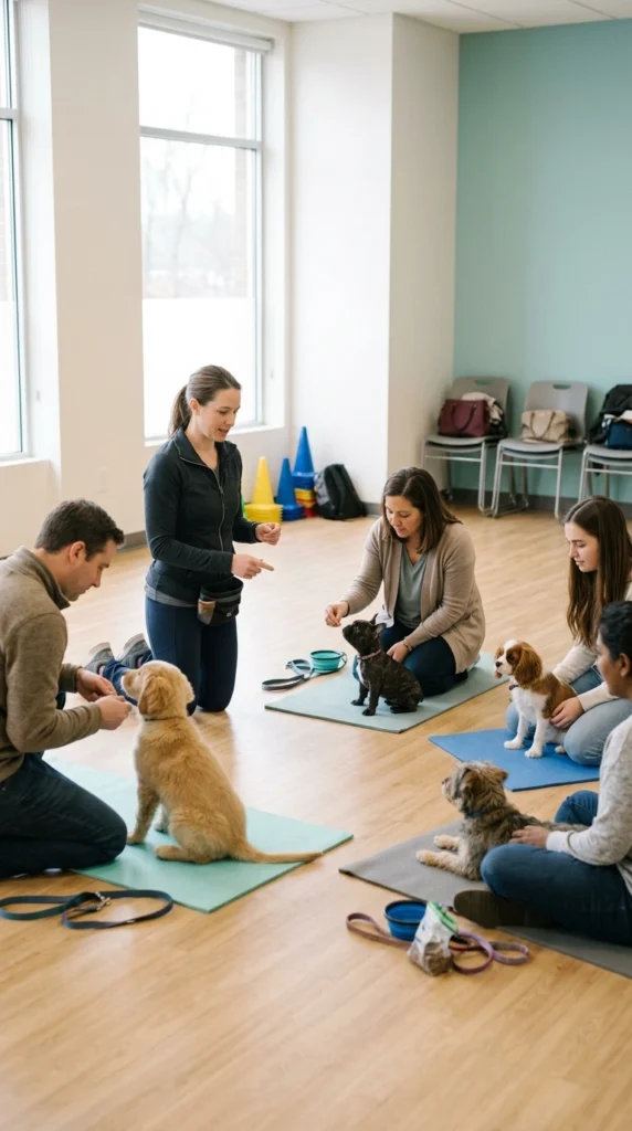 Owners and puppies in a supervised puppy training class